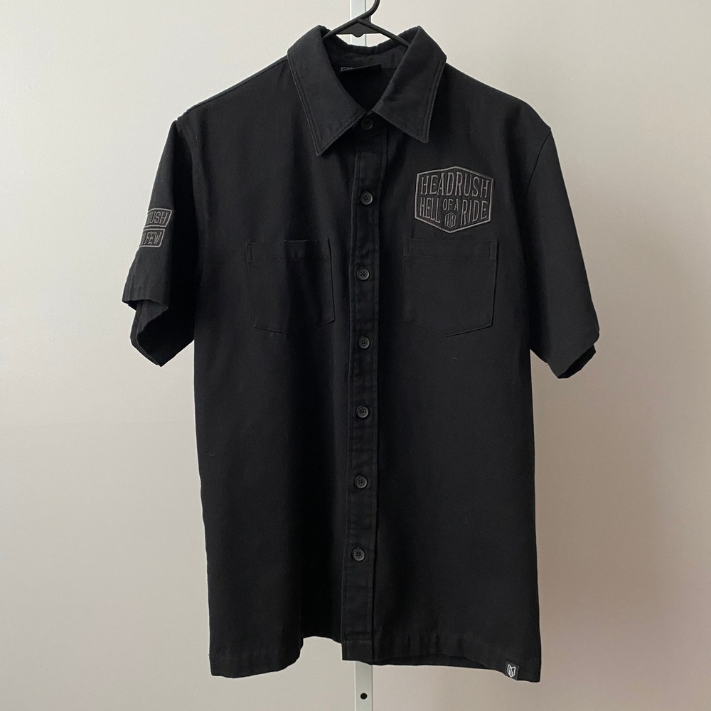 Headrush Cotton Rugged‎ Outdoors Biker Patch Work Shirt S Black Moto Goth Edgy